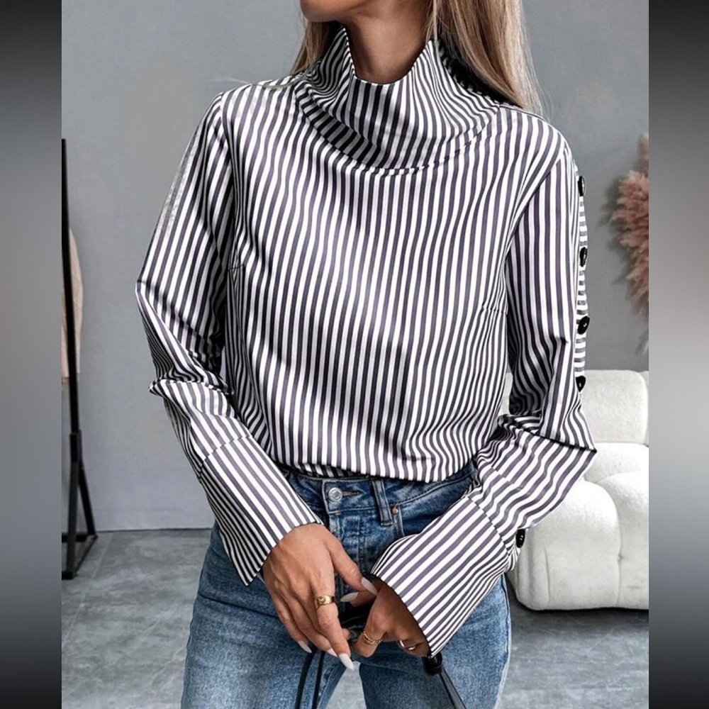 Blue & White Striped Button-Trim High Neck Shirt - Picture 4 of 6